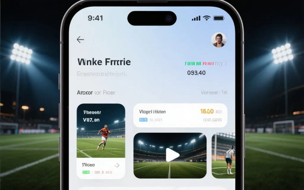 夜晚球场灯光下的手机界面概念图，展示比赛数据与视频播放卡片