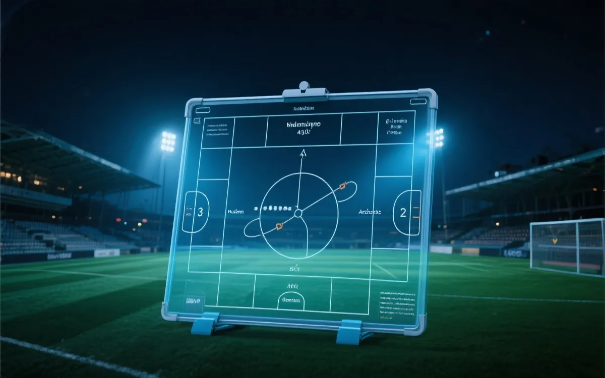 淘汰赛夜晚球场的战术板与数据图叠加的视觉场景，强调人类判断与算法结合