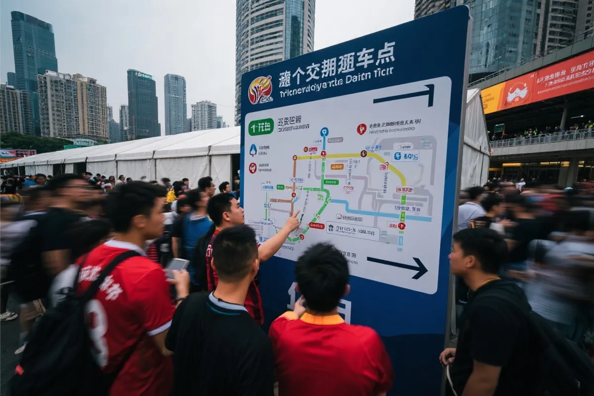 球迷在临时交通指引与接驳点之间规划路线的场景