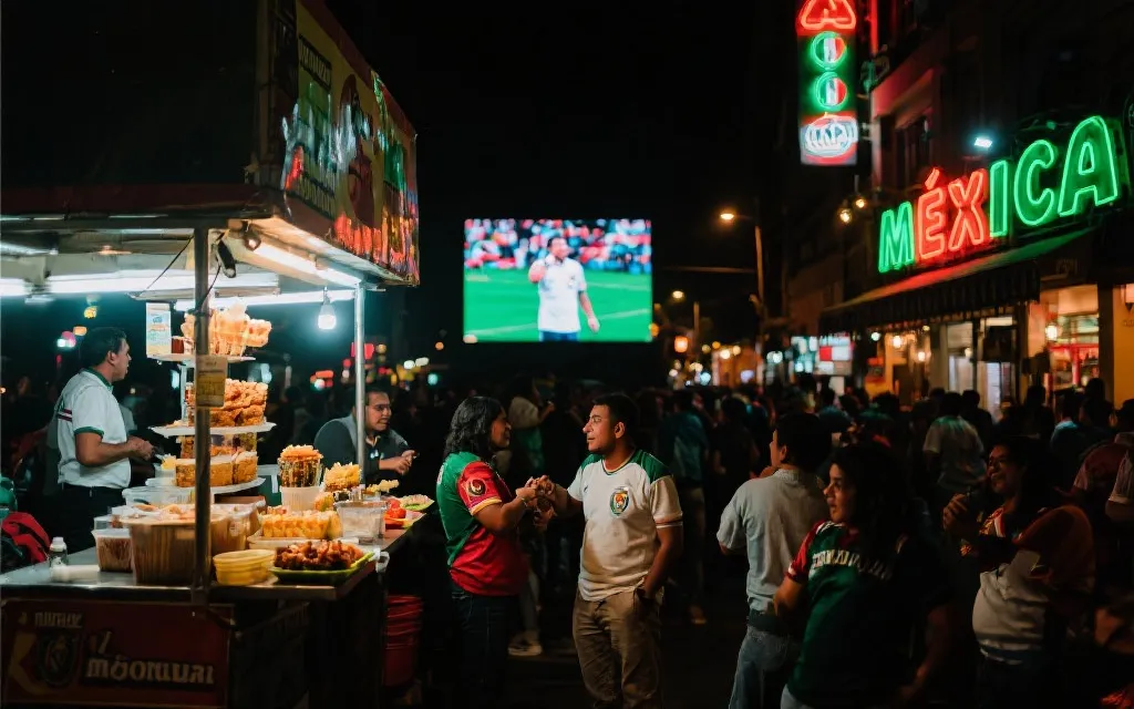 墨西哥夜晚街头小吃摊与霓虹灯下的热闹人群，世界杯氛围