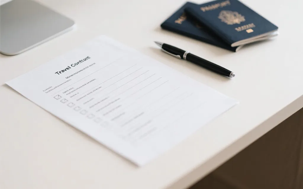 桌面上放着合同条款清单与护照，旁边有笔和电脑，体现出谨慎核验的氛围