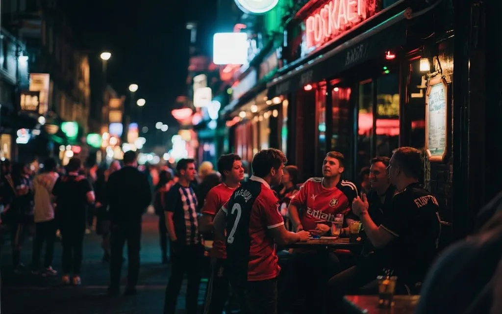 球迷在市中心酒吧街夜晚社交氛围图