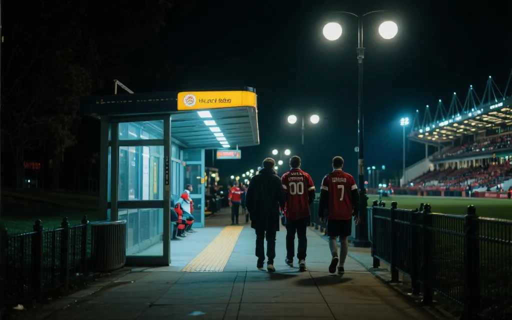 夜间赛后球迷沿着灯光明亮的人行道前往公共交通站点