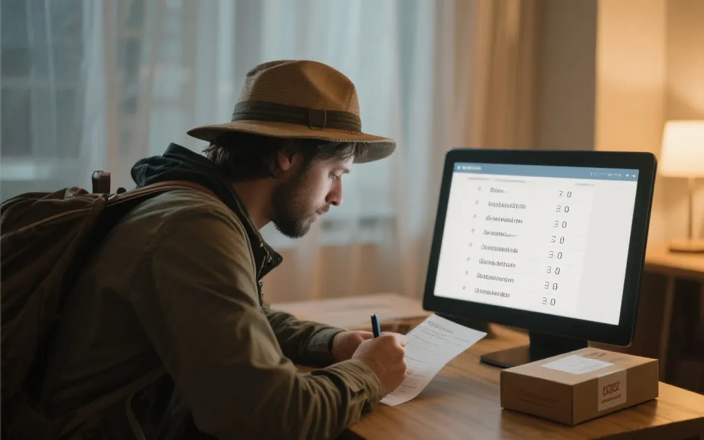 旅行者在电脑前对照清单核验域名与订单信息的场景，强调验真流程