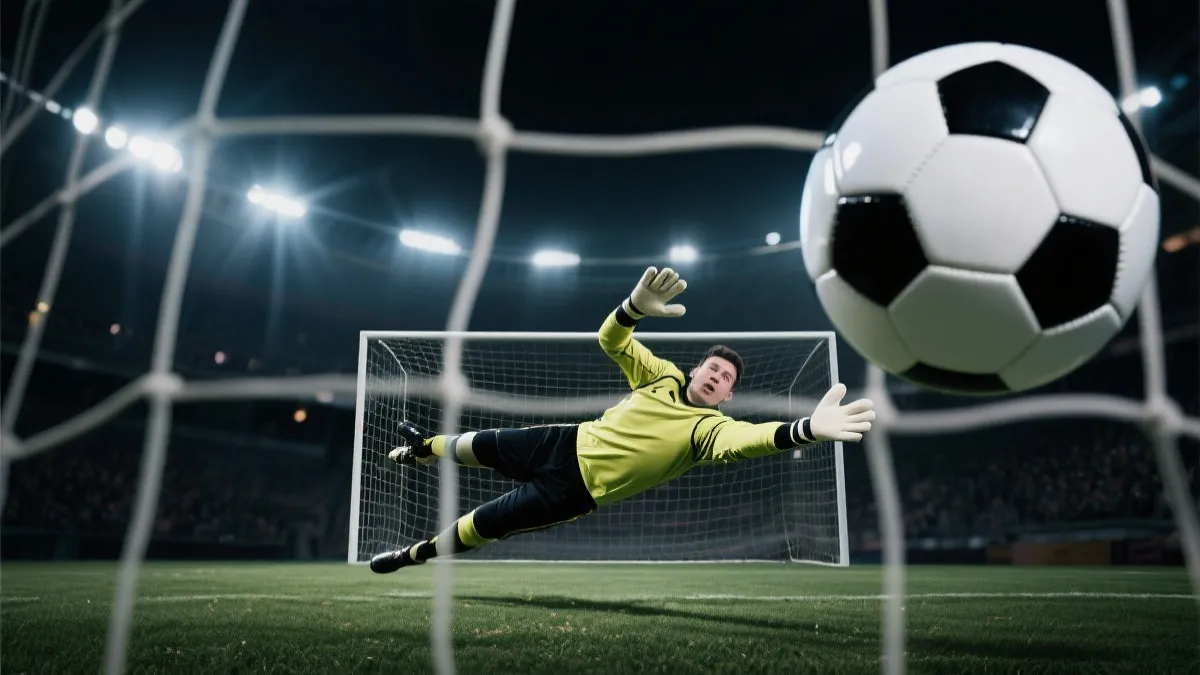 点球大战门将扑救瞬间，聚光灯下的紧张情绪